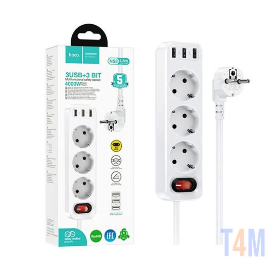 Hoco Extension Cord NS2 with 3 Sockets+3 USB-A (2.4A) and Switch 1.8m (EU) White